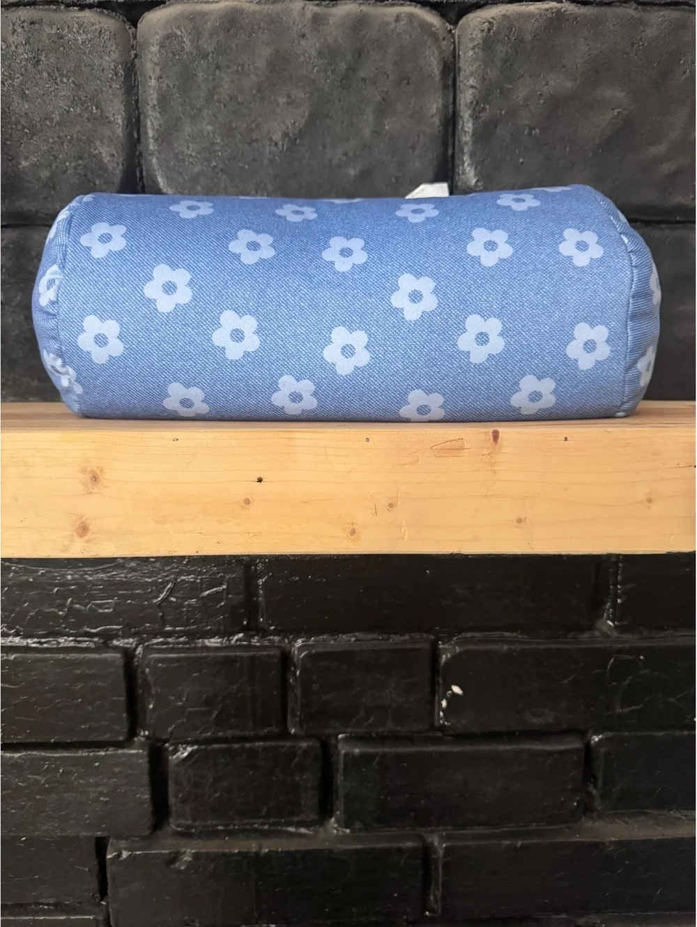 Camping Pillow- Denim Blue with Flowers